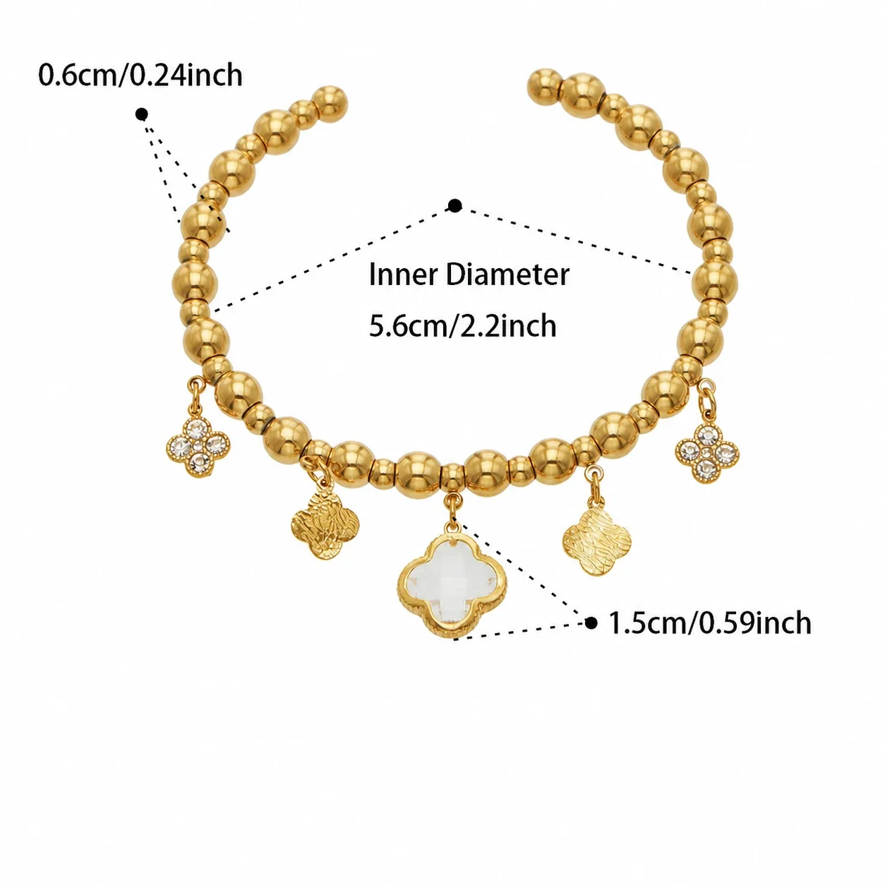 Beaded 18K Gold-Plated 316L Clover Charm Bracelet - Gold Clear CZ Clover