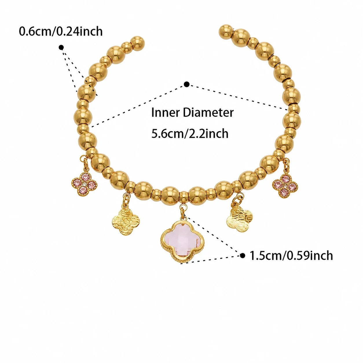 Beaded 18K Gold-Plated 316L Clover Charm Bracelet - Gold Pink CZ Clover