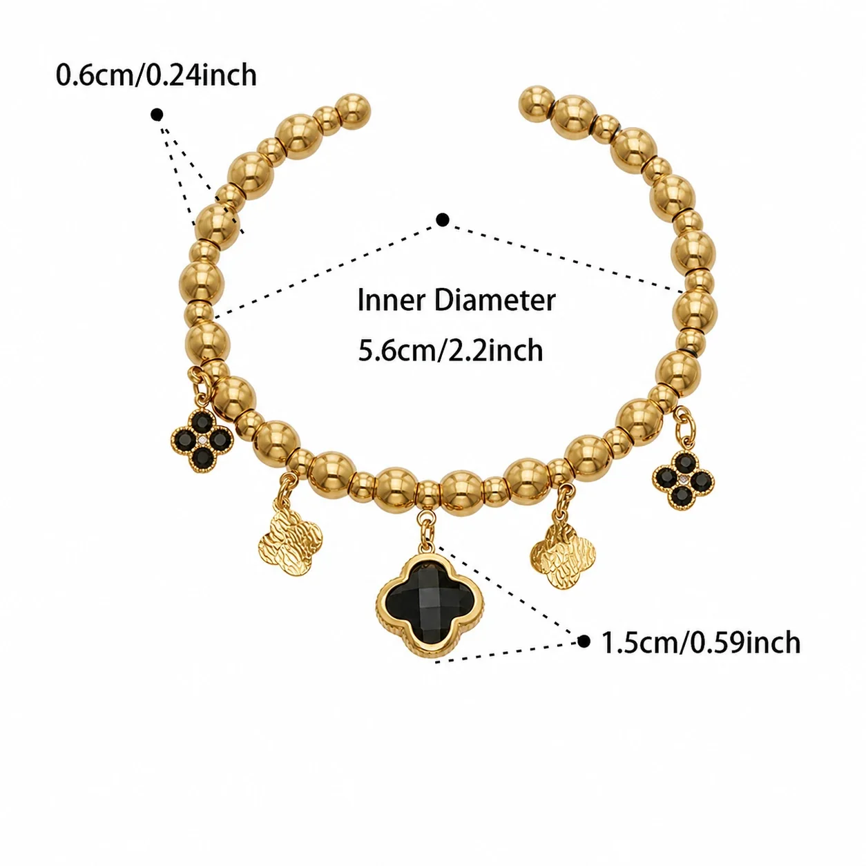 Beaded 18K Gold-Plated 316L Clover Charm Bracelet - Gold Black CZ Clover