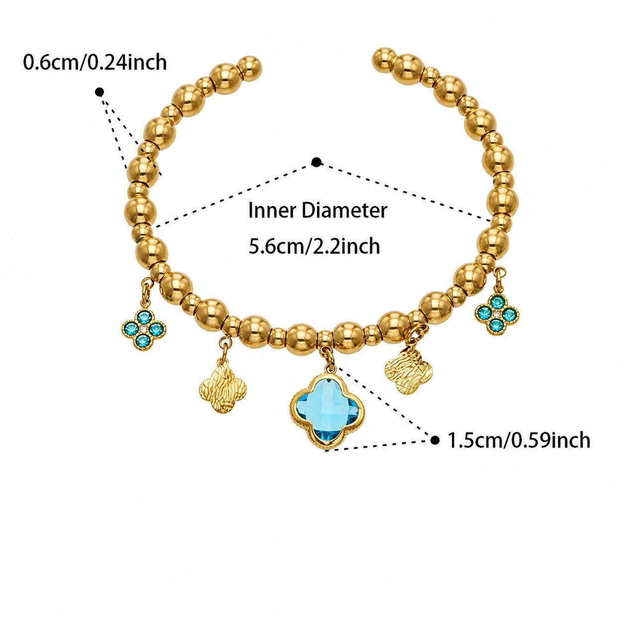 Beaded 18K Gold-Plated 316L Clover Charm Bracelet - Gold Blue CZ Clover