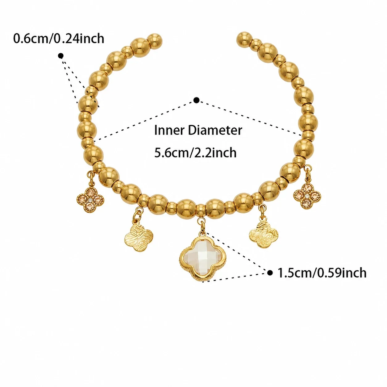 Beaded 18K Gold-Plated 316L Clover Charm Bracelet - Gold Champagne CZ Clover