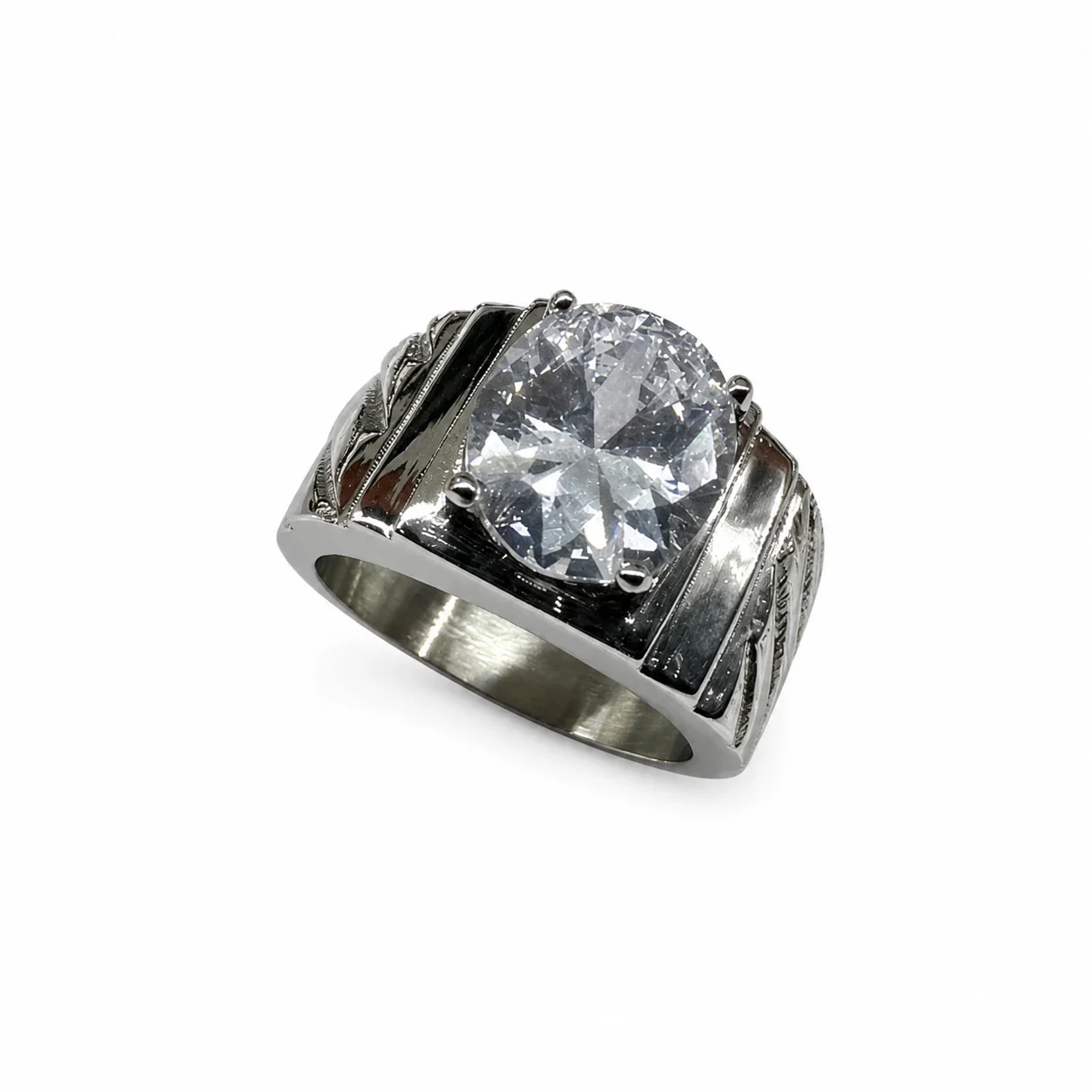 Bold 316 Stainless Steel Oval Stone Signet Ring - Clear