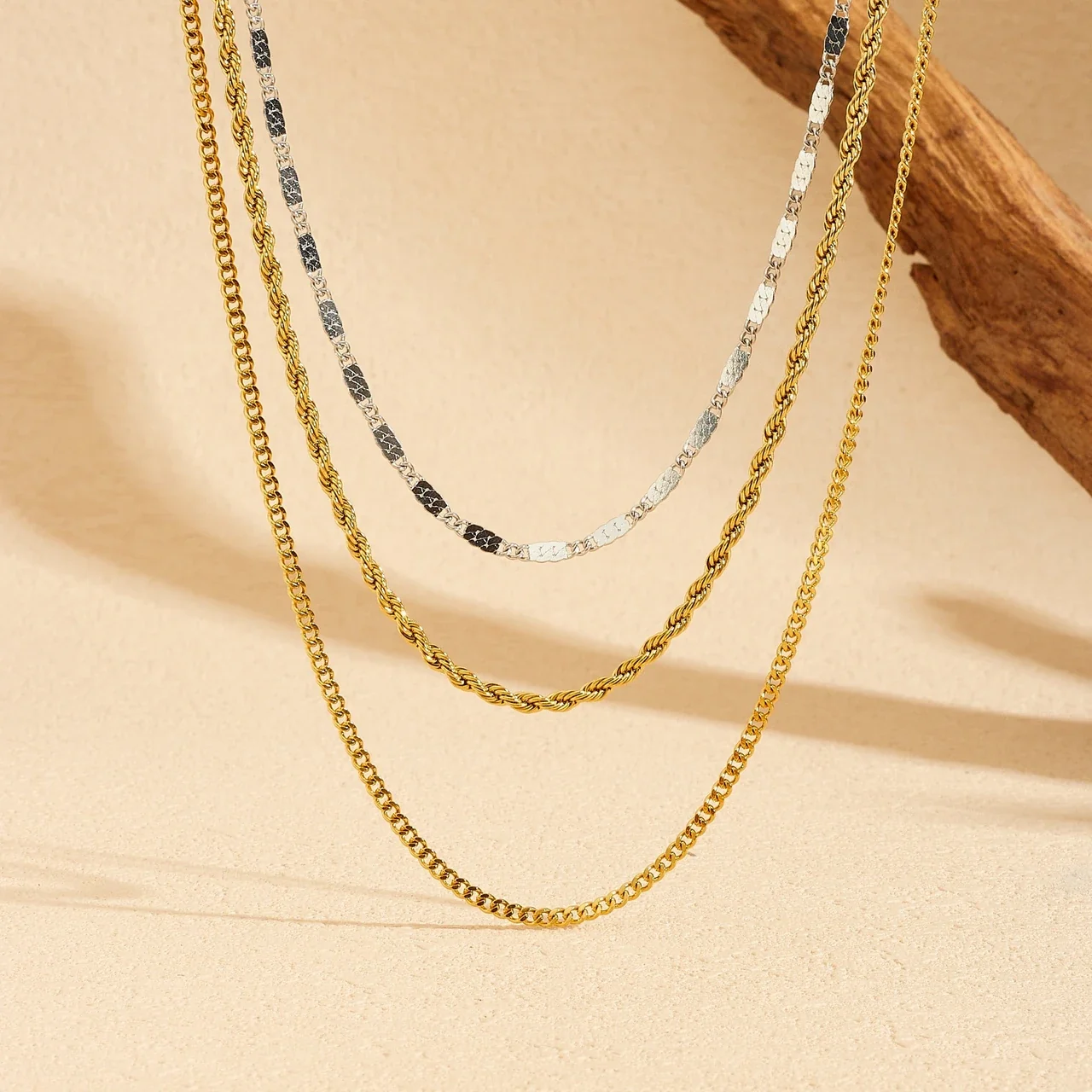 Stainless Steel Layered Necklace with Faceted and Rope Chains