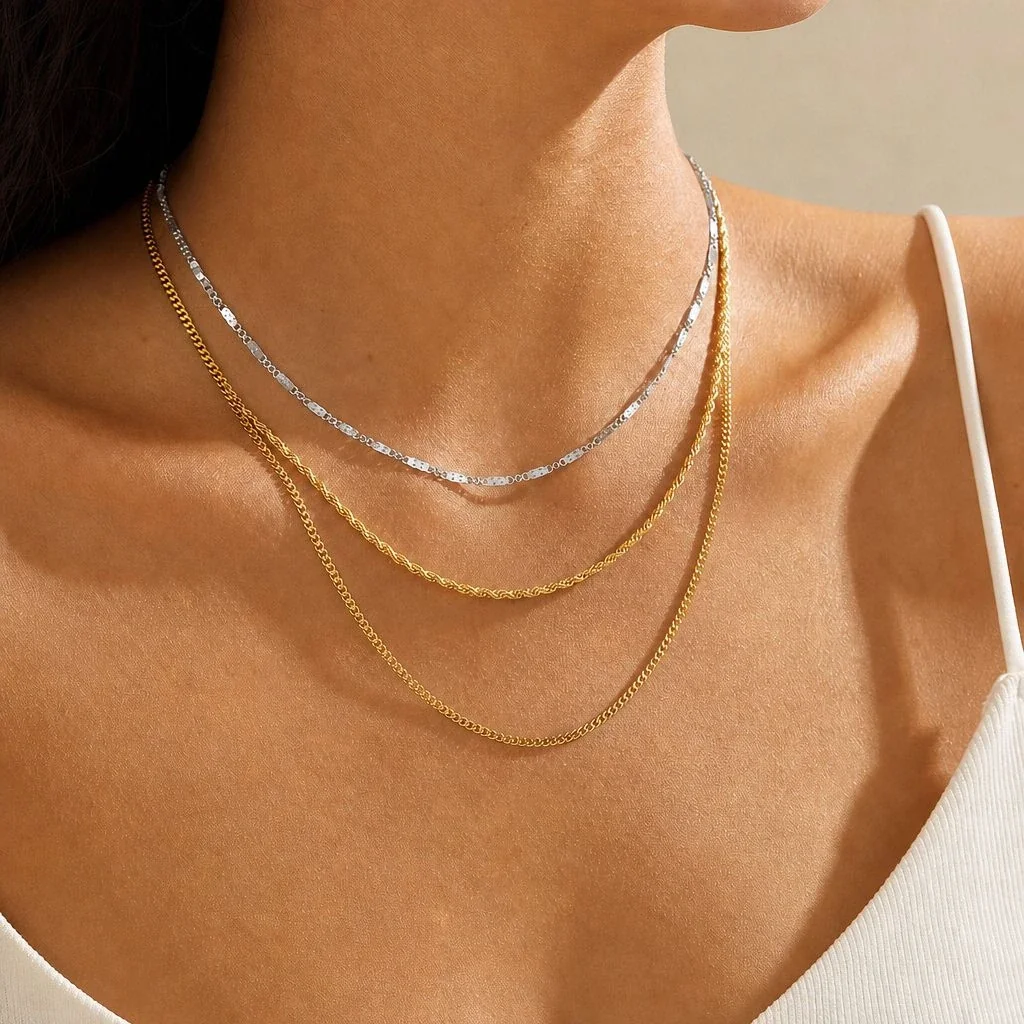 Stainless Steel Layered Necklace with Faceted and Rope Chains