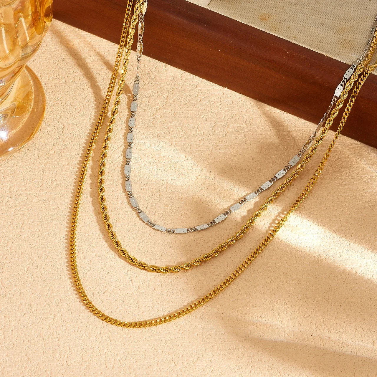 Stainless Steel Layered Necklace with Faceted and Rope Chains