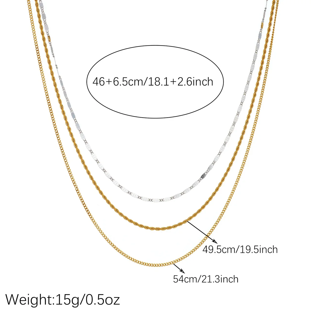 Stainless Steel Layered Necklace with Faceted and Rope Chains