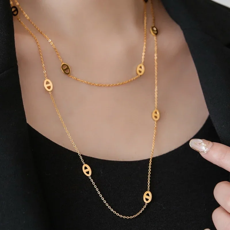 Layered Oval Cutout Long Necklace in 18K Gold-Plated Steel