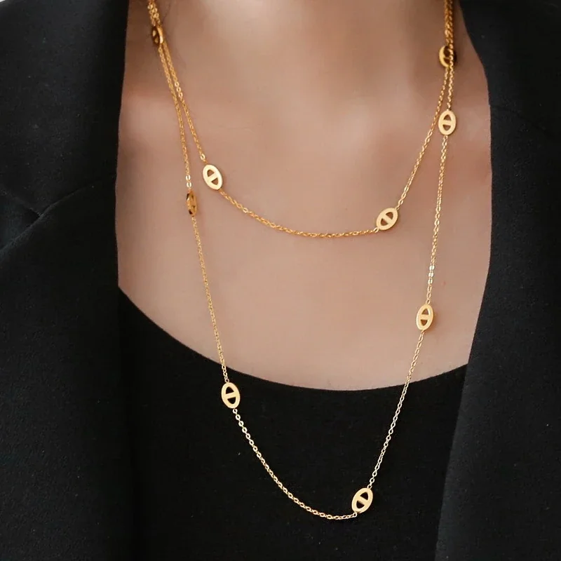 Layered Oval Cutout Long Necklace in 18K Gold-Plated Steel