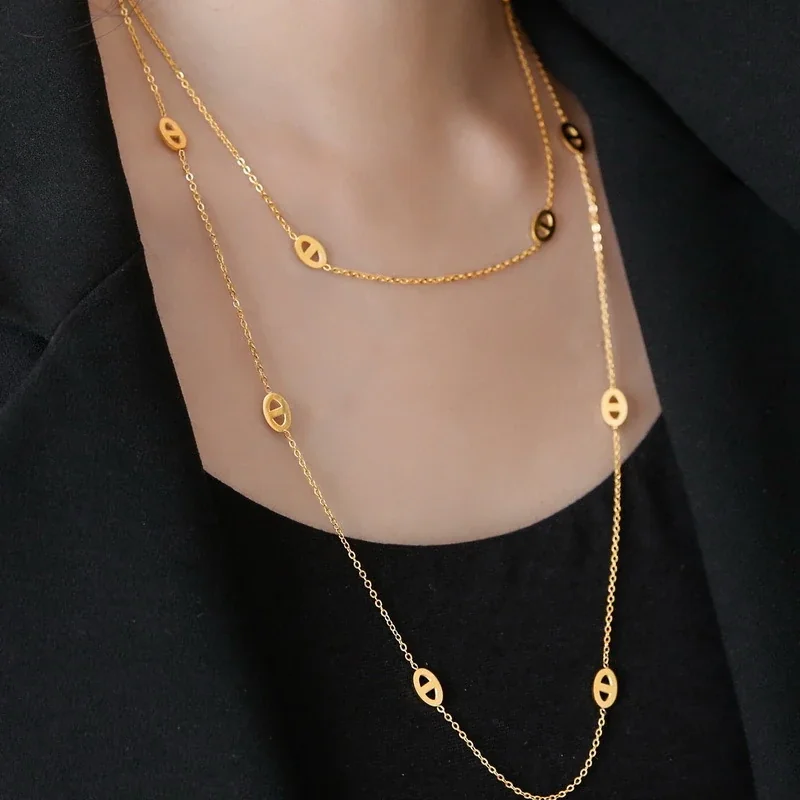 Layered Oval Cutout Long Necklace in 18K Gold-Plated Steel