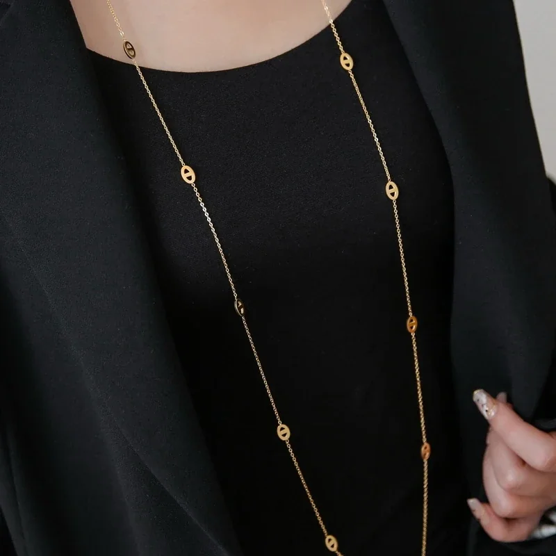 Layered Oval Cutout Long Necklace in 18K Gold-Plated Steel