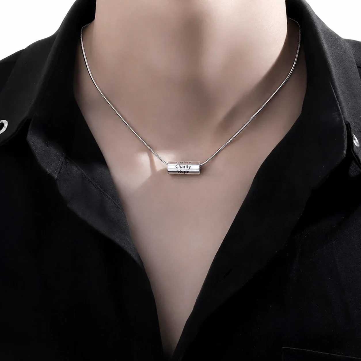 Polished Silver-Plated Snake Chain Engraved Barrel Necklace