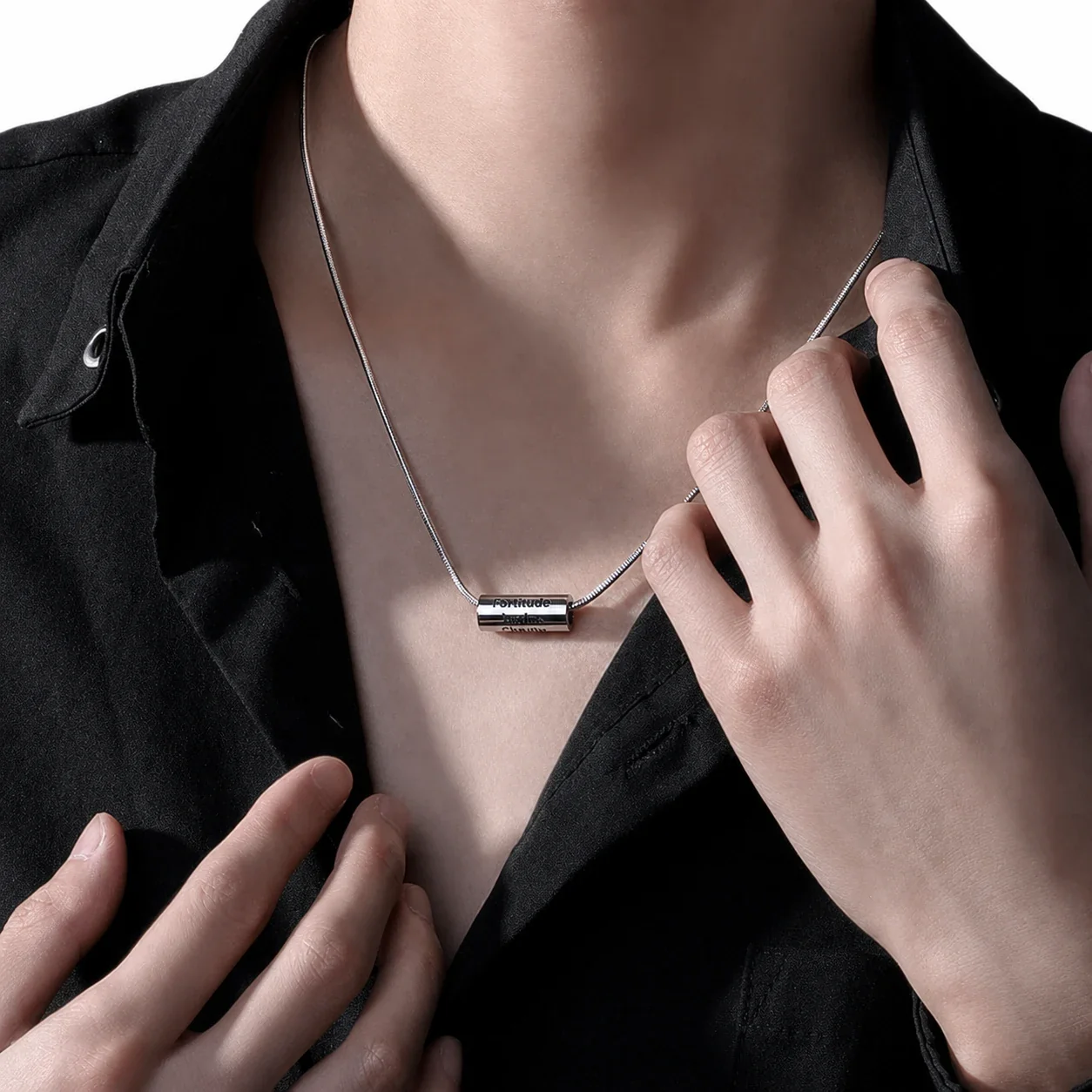 Polished Silver-Plated Snake Chain Engraved Barrel Necklace