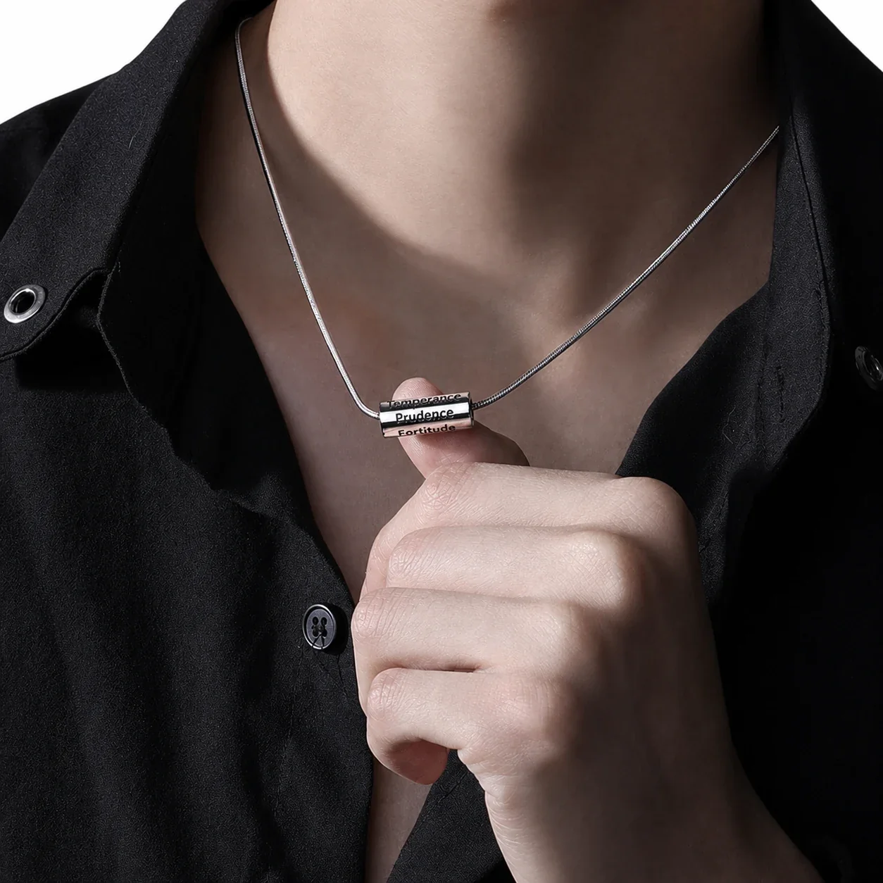 Polished Silver-Plated Snake Chain Engraved Barrel Necklace
