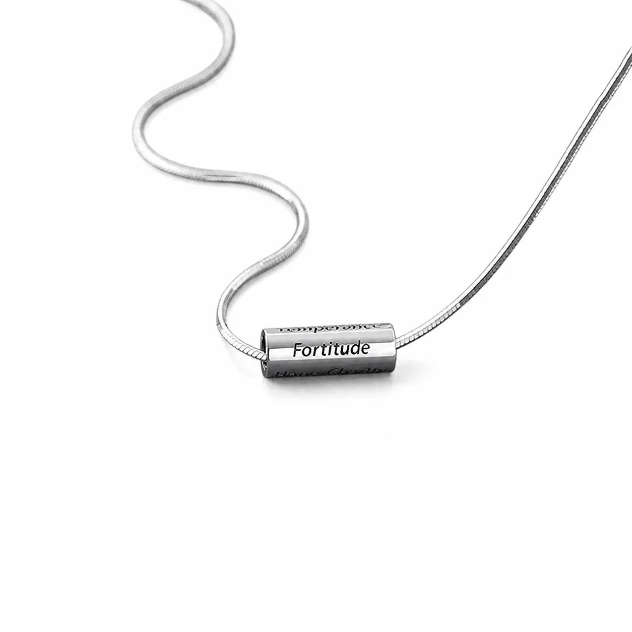 Polished Silver-Plated Snake Chain Engraved Barrel Necklace - Virtues cm
