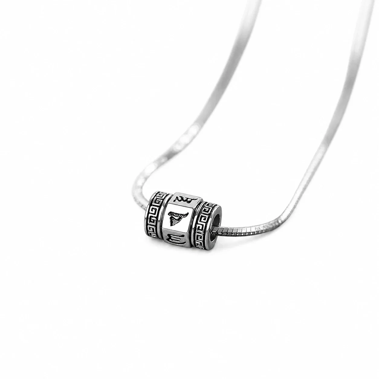 Polished Silver-Plated Snake Chain Engraved Barrel Necklace - Syllable Mantra cm