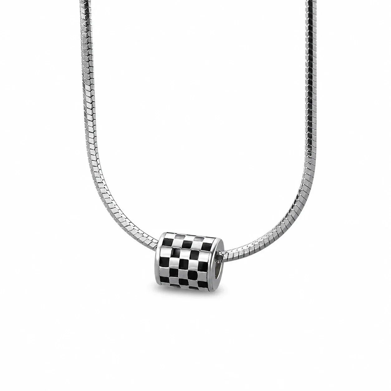 Polished Silver-Plated Snake Chain Engraved Barrel Necklace - Black White Checker cm