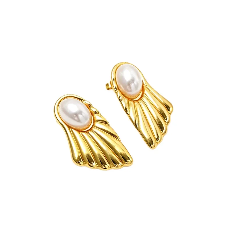 Stud Earrings, Oval Bead, Fluted 18K Gold PVD Stainless Steel