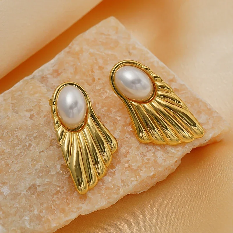 Stud Earrings, Oval Bead, Fluted 18K Gold PVD Stainless Steel