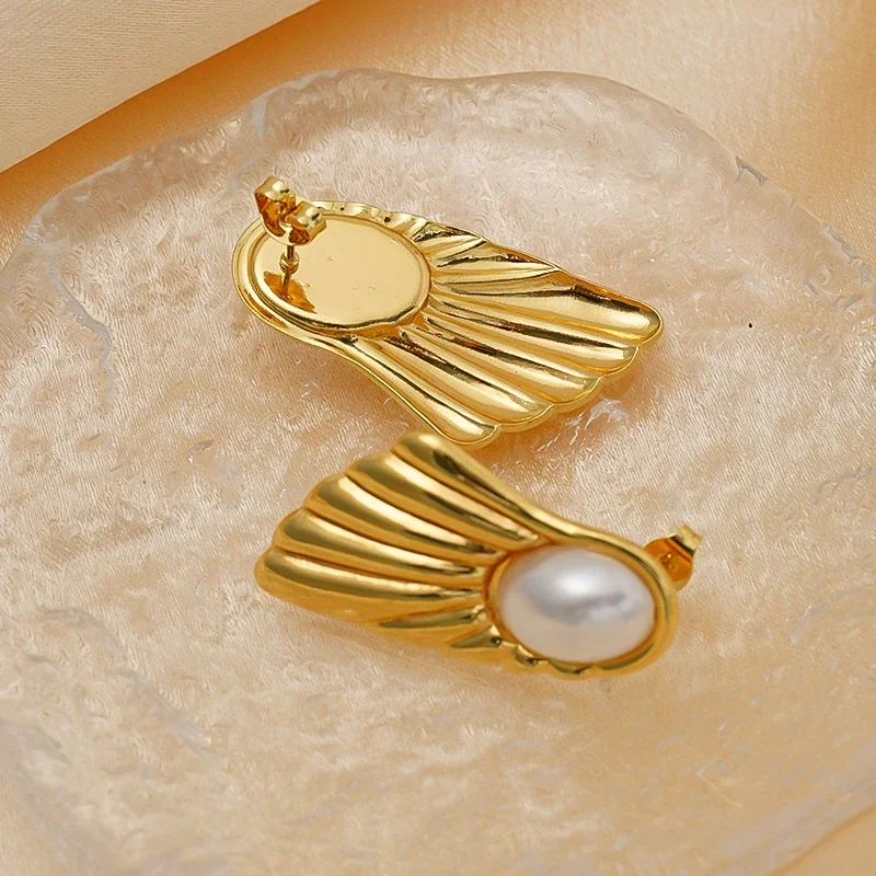Stud Earrings, Oval Bead, Fluted 18K Gold PVD Stainless Steel