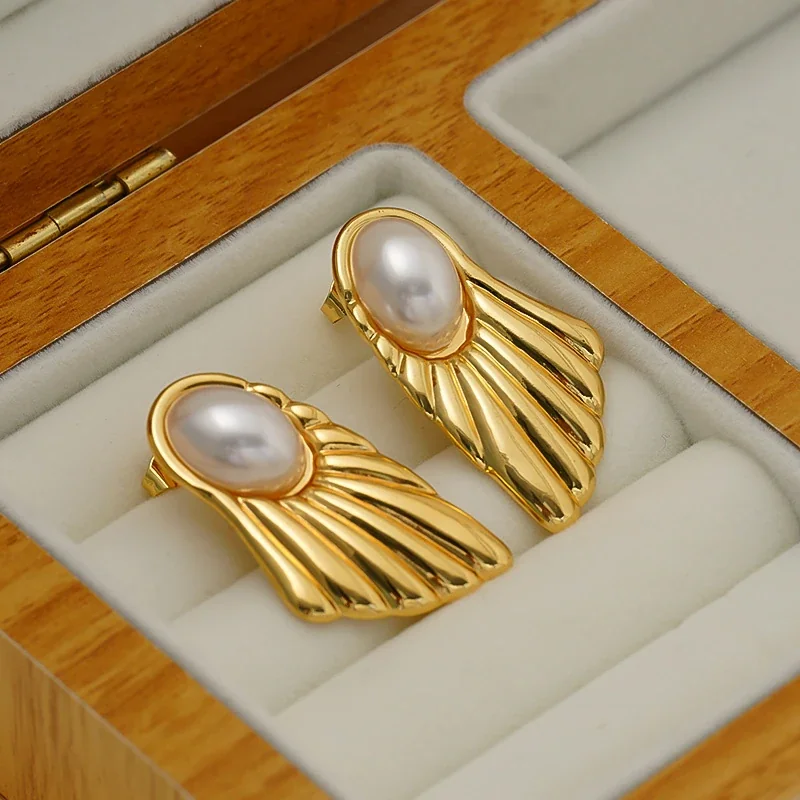 Stud Earrings, Oval Bead, Fluted 18K Gold PVD Stainless Steel