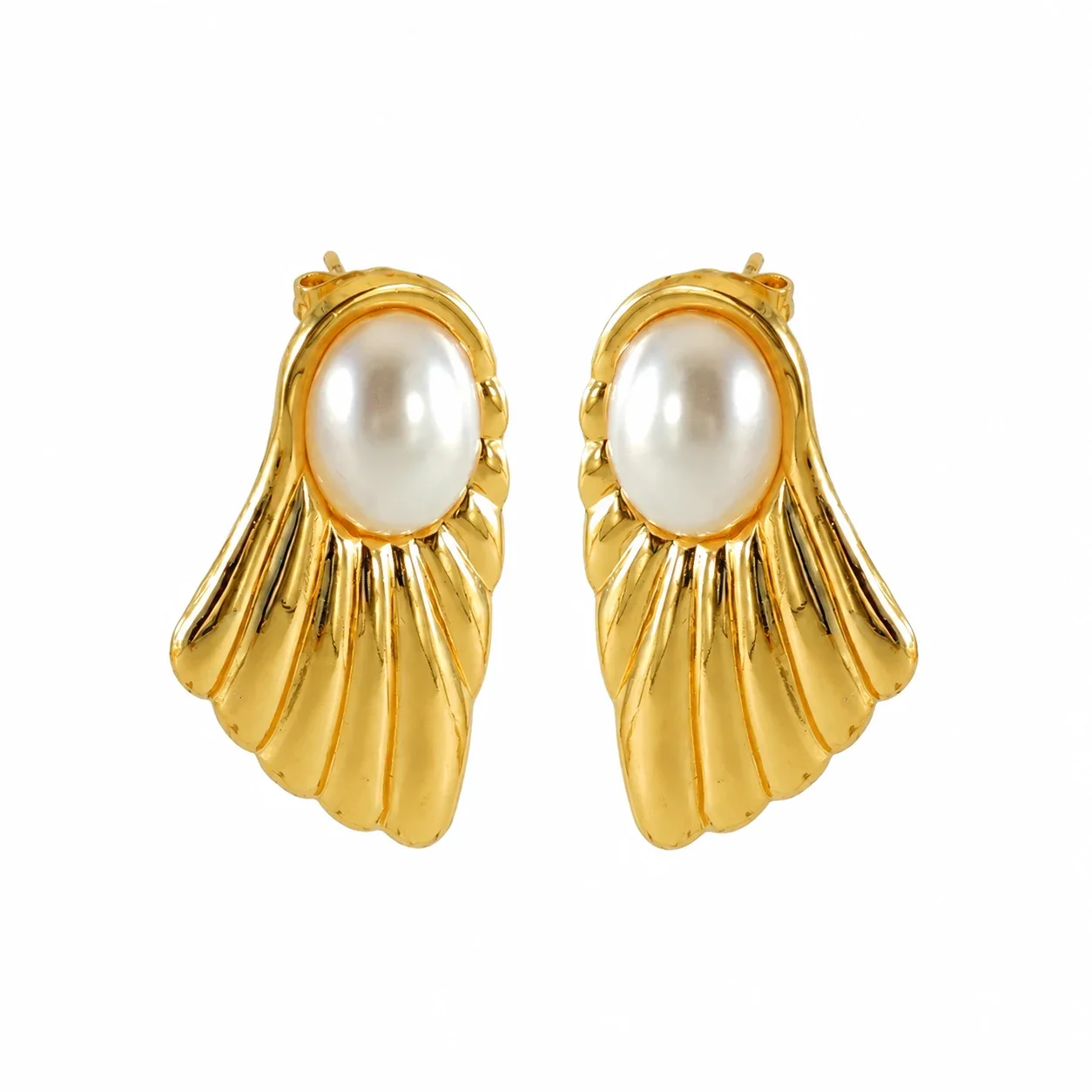 Stud Earrings, Oval Bead, Fluted 18K Gold PVD Stainless Steel - Gold