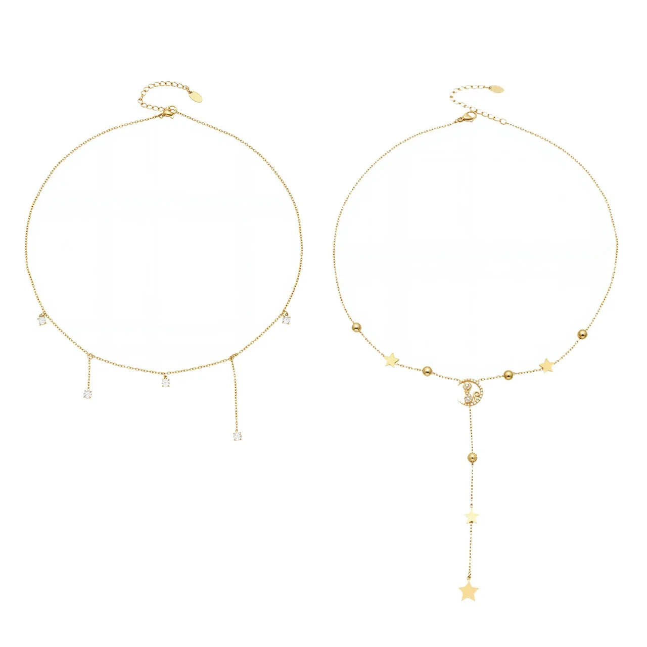 Celestial 18K Gold PVD 316L Stainless Steel CZ Star Moon Y Necklace