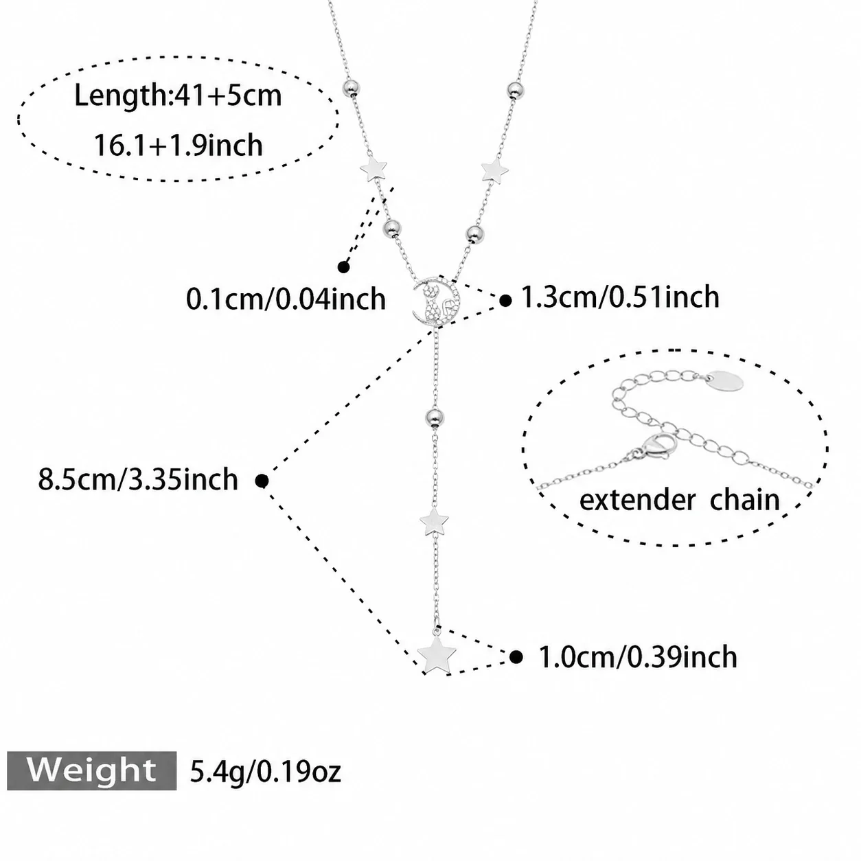 Celestial 18K Gold-Plated 316L CZ Star Moon Y Necklace - Silver Cat CZ Y 41+5 cm