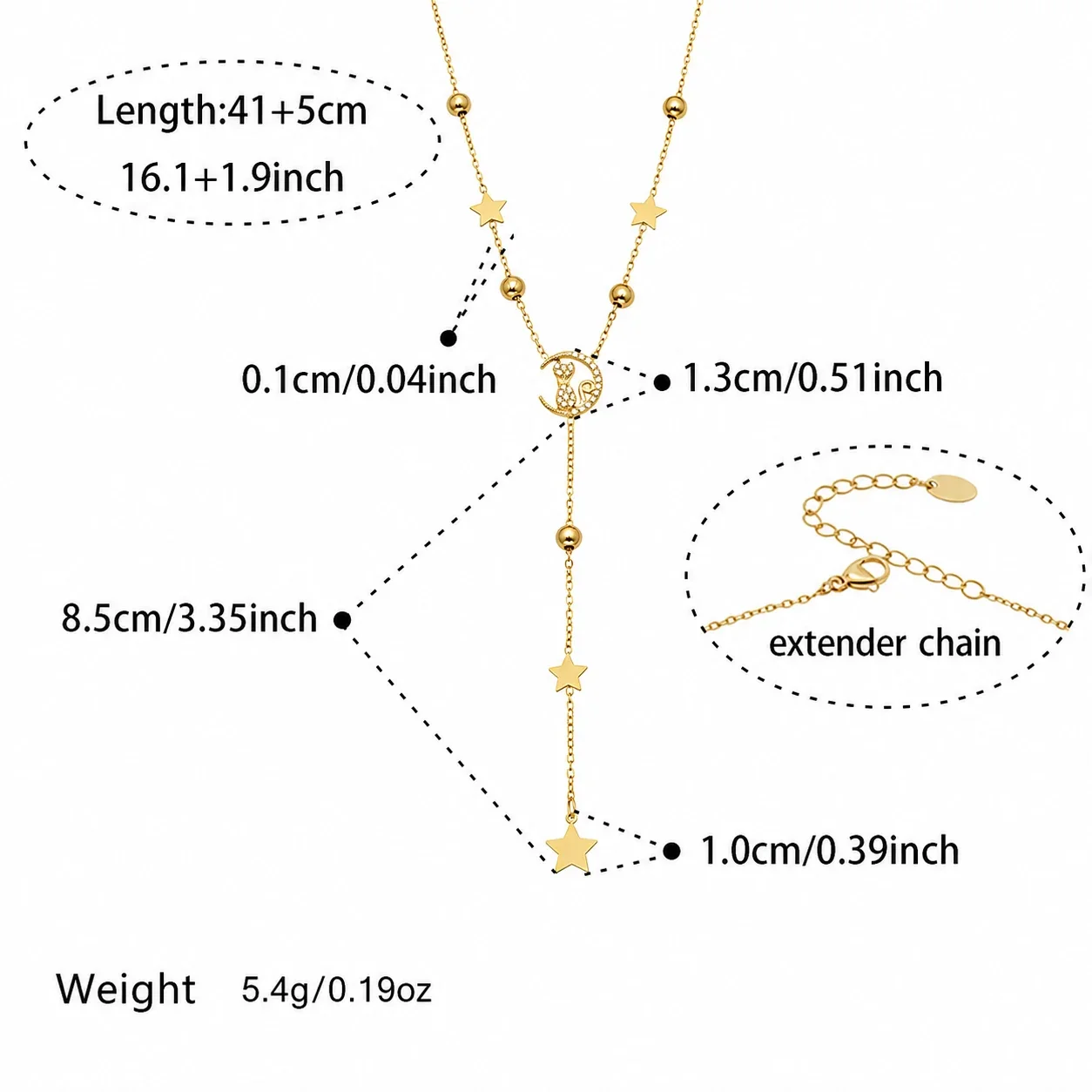 Celestial 18K Gold-Plated 316L CZ Star Moon Y Necklace - Gold Cat CZ Y 41+5 cm