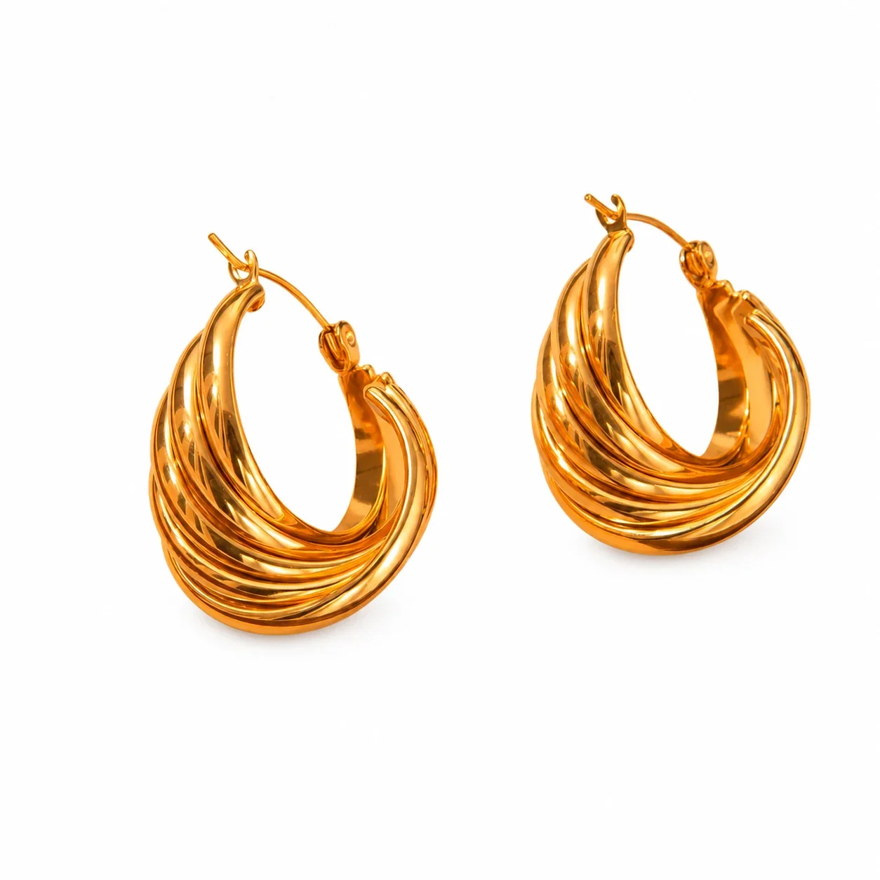Sculptural Gold-Plated Ribbed Twisted Hoop Earrings