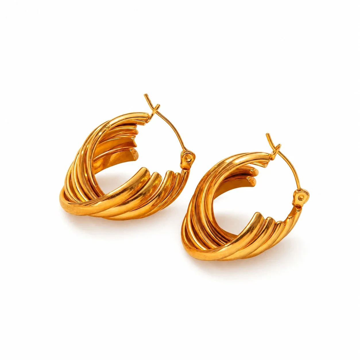 Sculptural Gold-Plated Ribbed Twisted Hoop Earrings