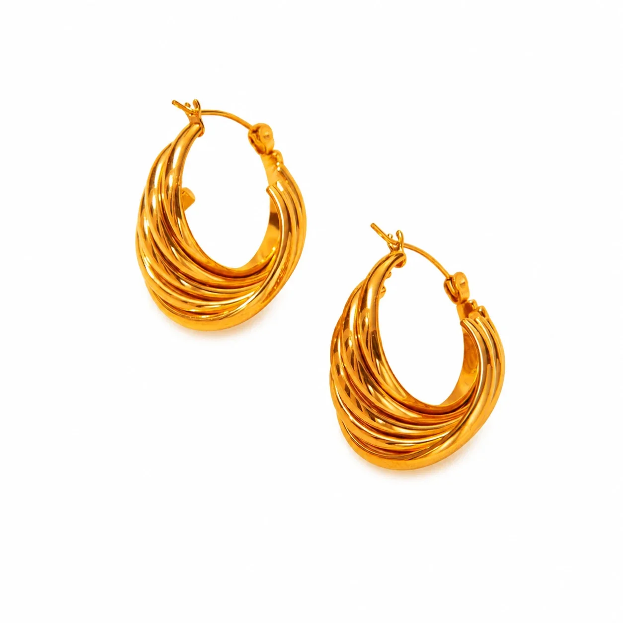 Sculptural Gold-Plated Ribbed Twisted Hoop Earrings