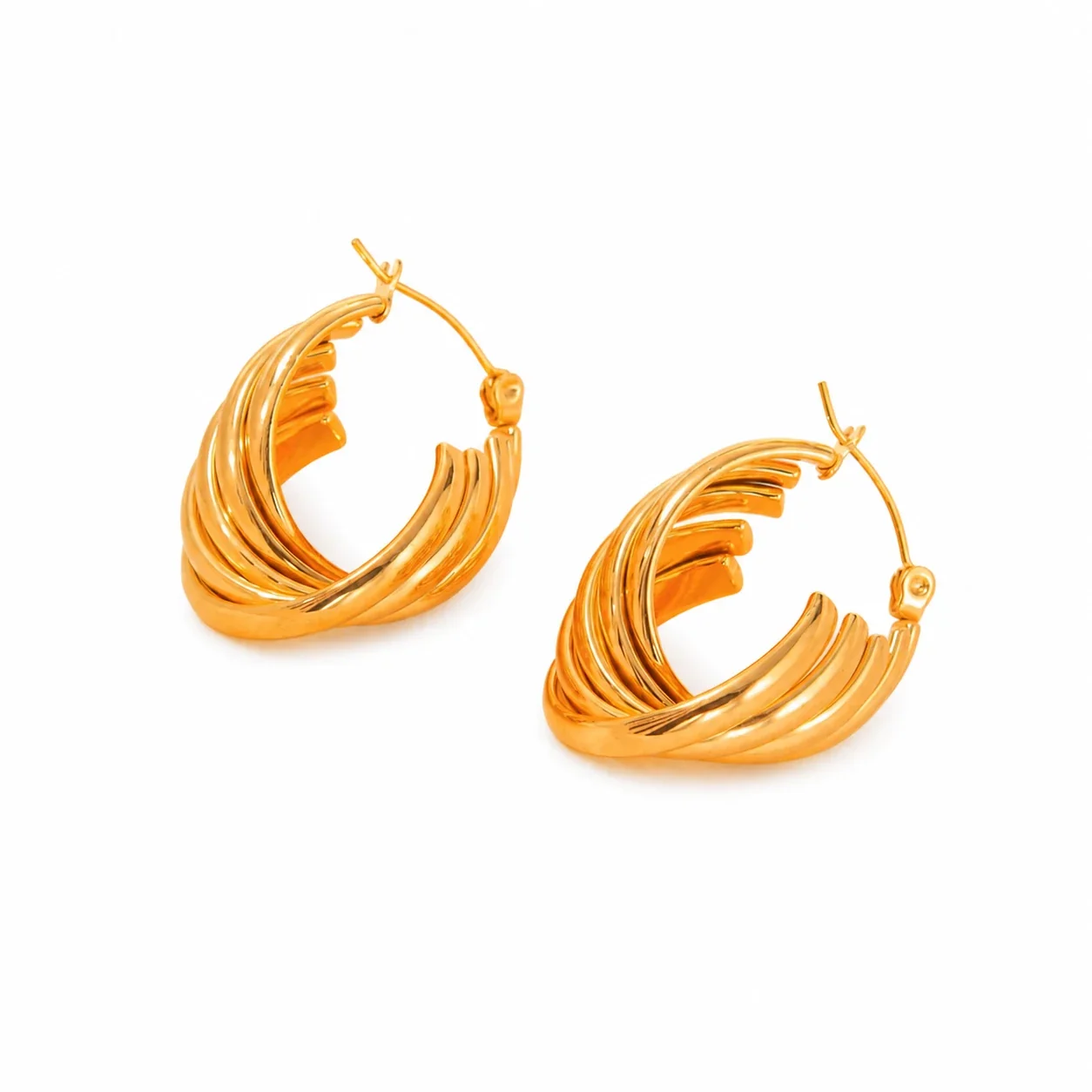 Sculptural Gold-Plated Ribbed Twisted Hoop Earrings