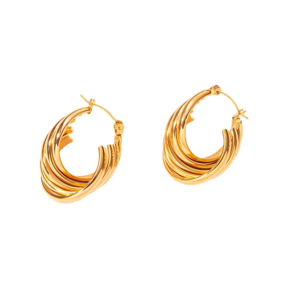 Sculptural Gold-Plated Ribbed Twisted Hoop Earrings