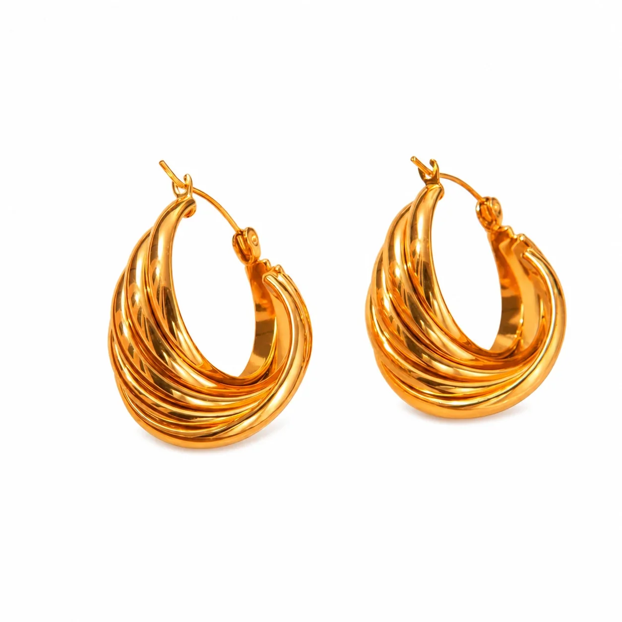Sculptural Gold-Plated Ribbed Twisted Hoop Earrings - Gold