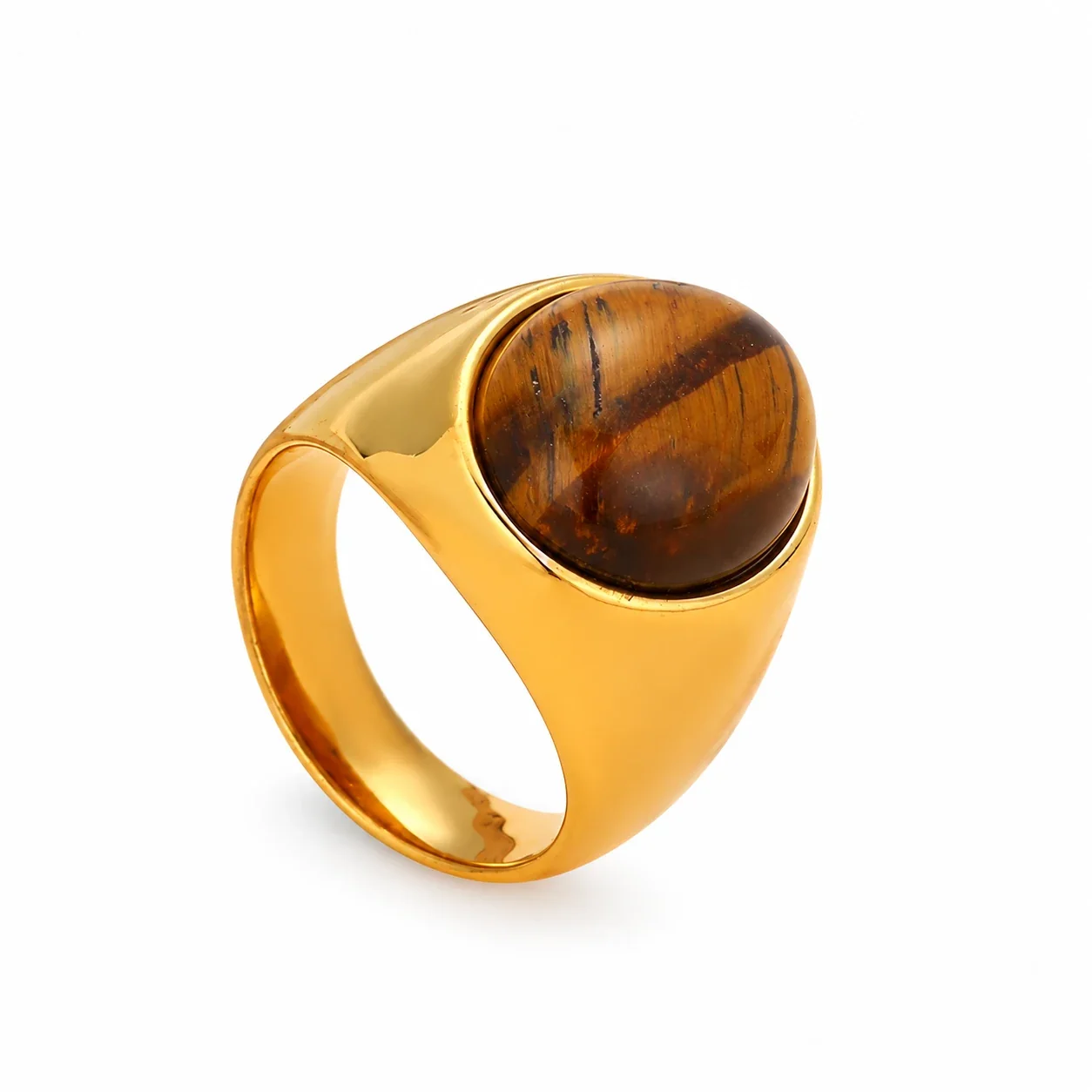 Signet Ring with Oval Cabochon Bezel and Tapered Band - Gold Tiger Eye