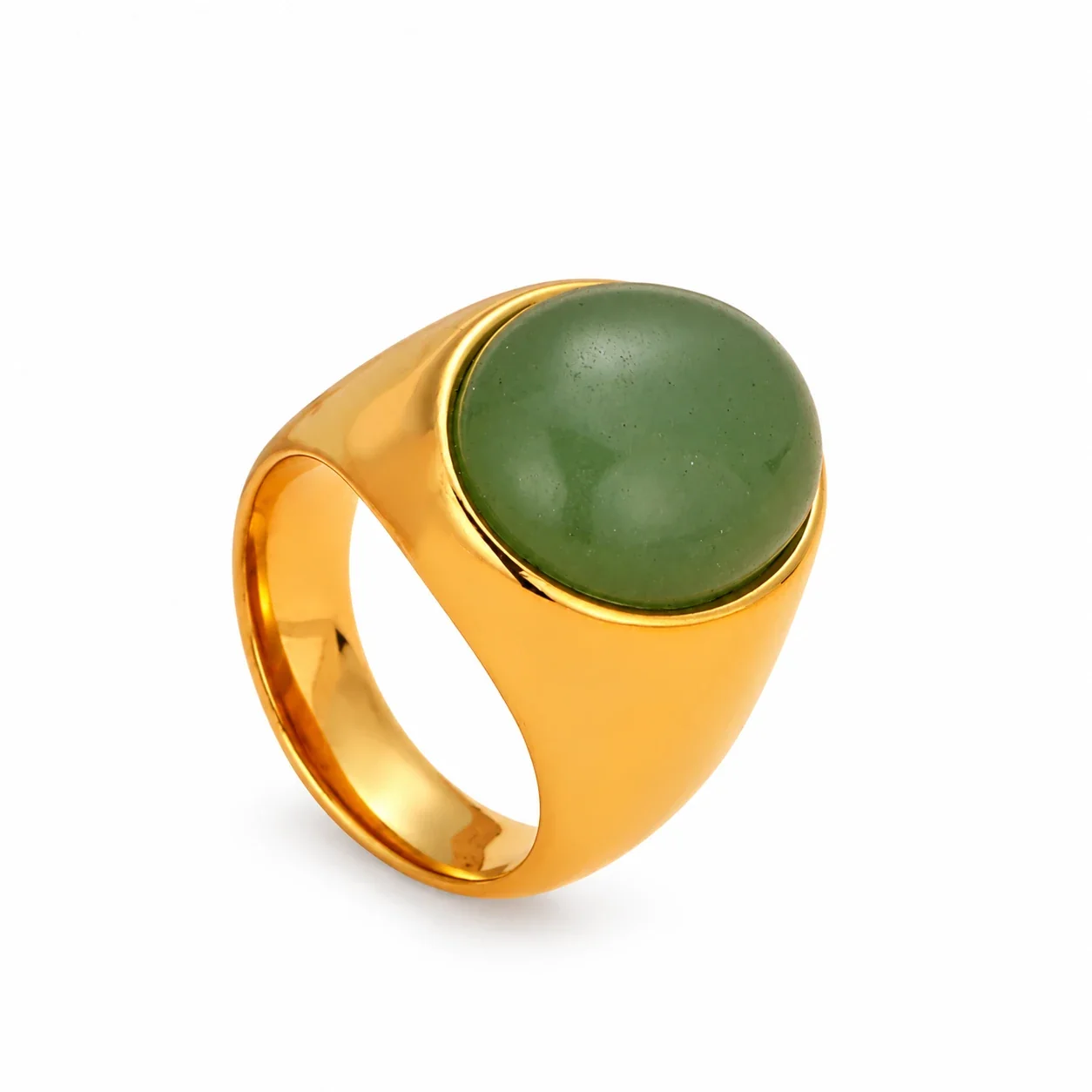 Signet Ring with Oval Cabochon Bezel and Tapered Band - Gold Green Crystal