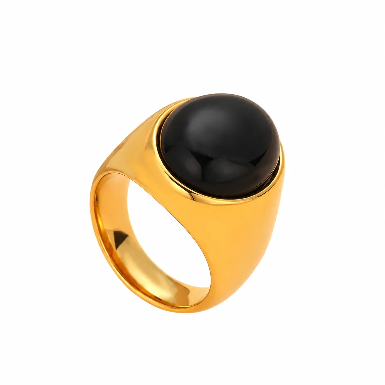 Signet Ring with Oval Cabochon Bezel and Tapered Band - Gold Black Crystal