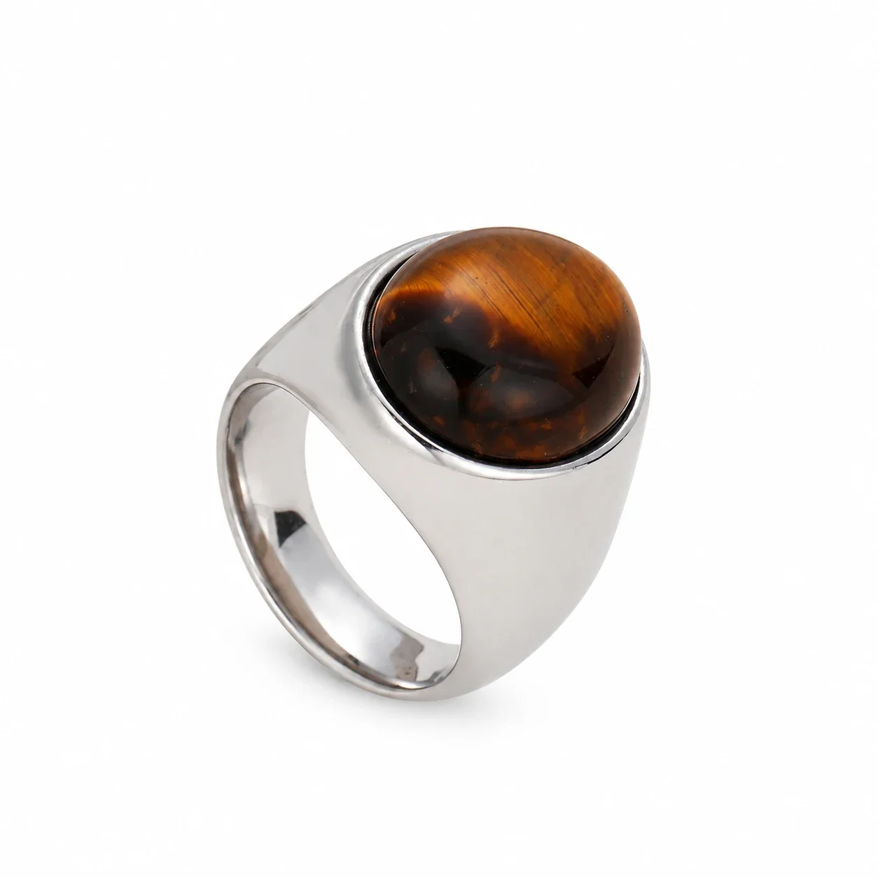 Signet Ring with Oval Cabochon Bezel and Tapered Band - Silver Tiger Eye