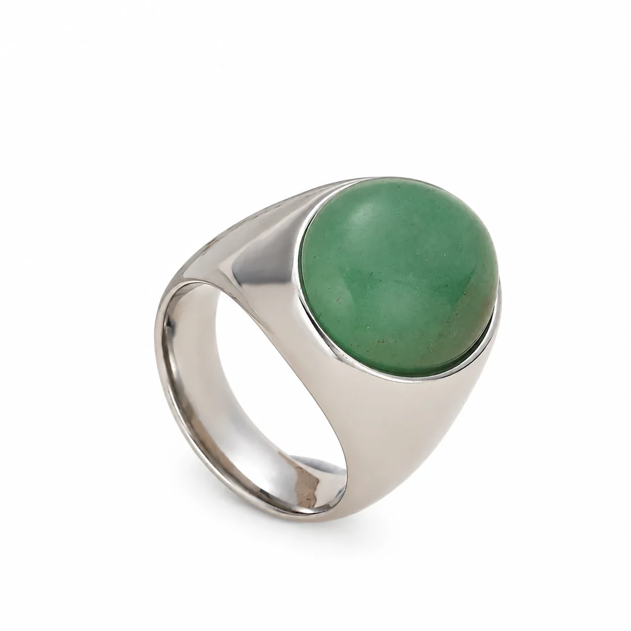 Signet Ring with Oval Cabochon Bezel and Tapered Band - Silver Green Crystal