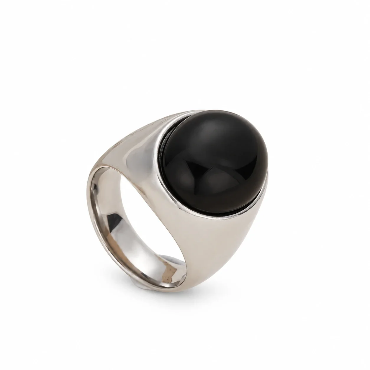 Signet Ring with Oval Cabochon Bezel and Tapered Band - Silver Black Crystal