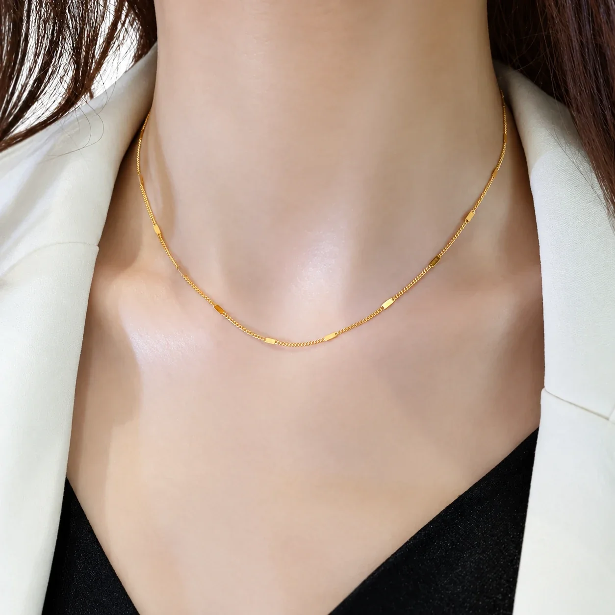 Schakelketting met rechthoekige elementen, 18K verguld staal productfoto