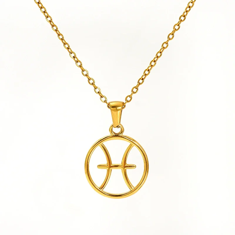 Polished Gold-Plated Open Zodiac Disc Pendant Necklace - Pisces