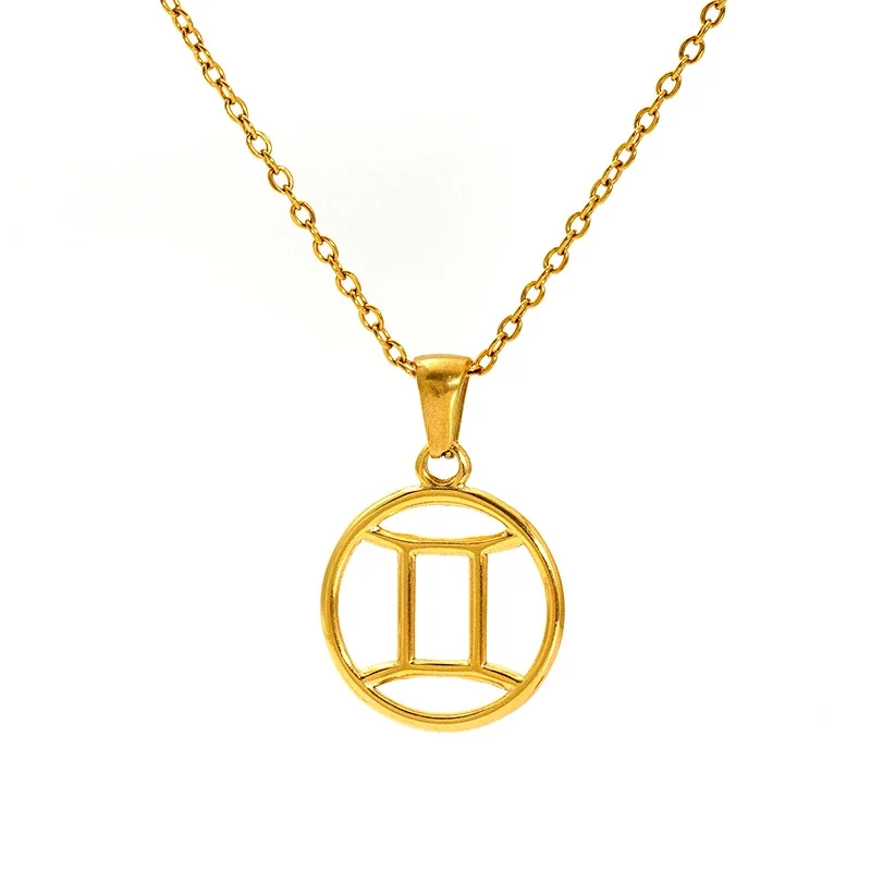 Polished Gold-Plated Open Zodiac Disc Pendant Necklace - Gemini