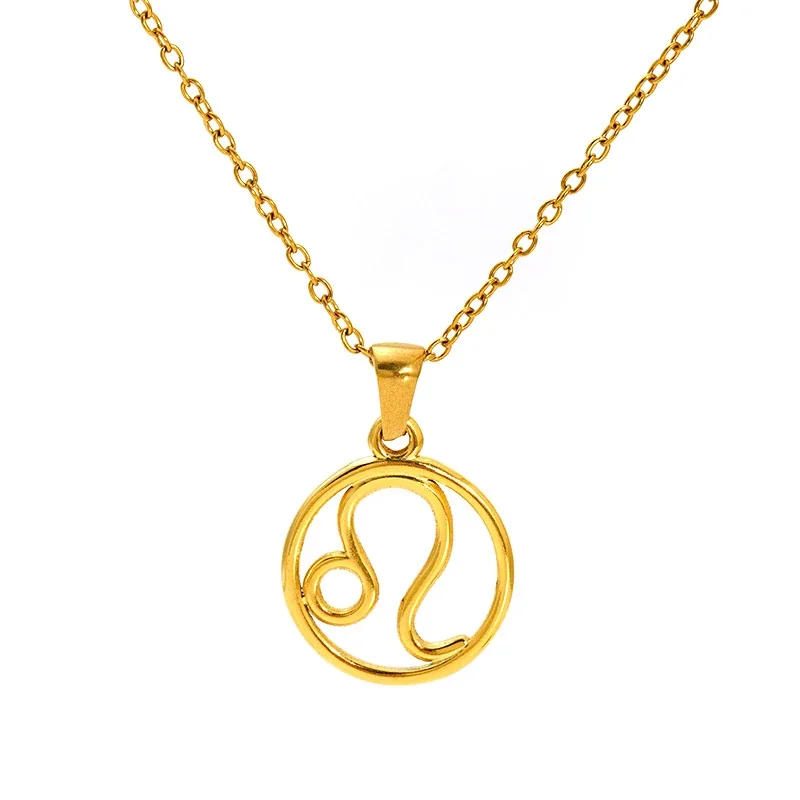 Polished Gold-Plated Open Zodiac Disc Pendant Necklace - Leo