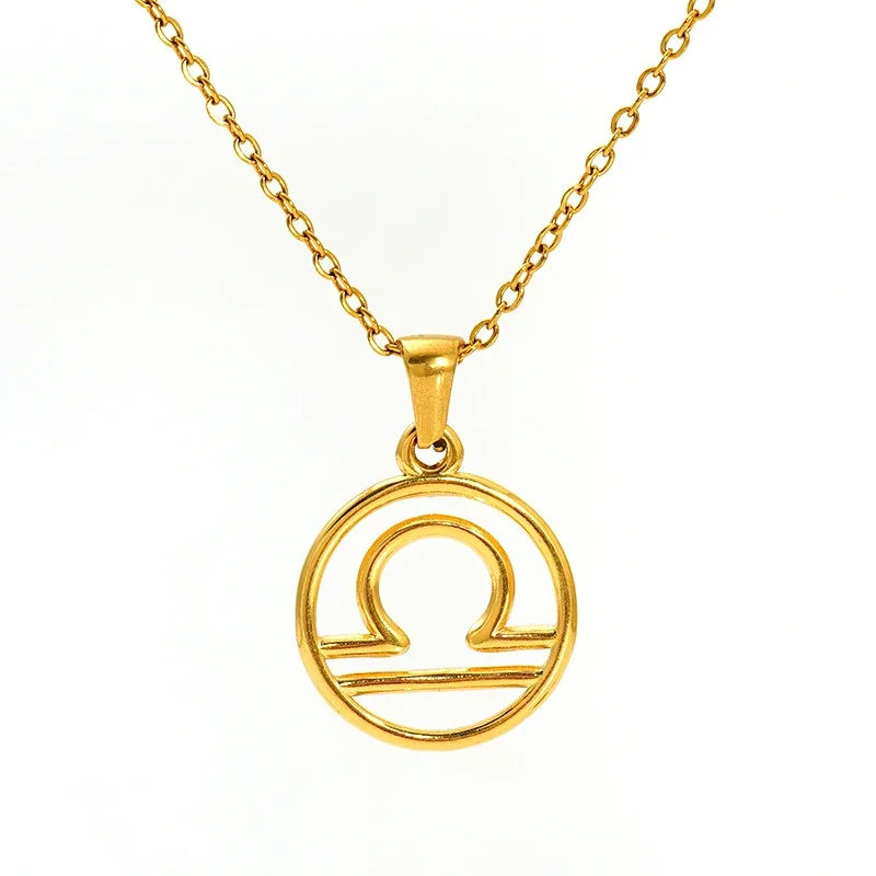 Polished Gold-Plated Open Zodiac Disc Pendant Necklace - Libra