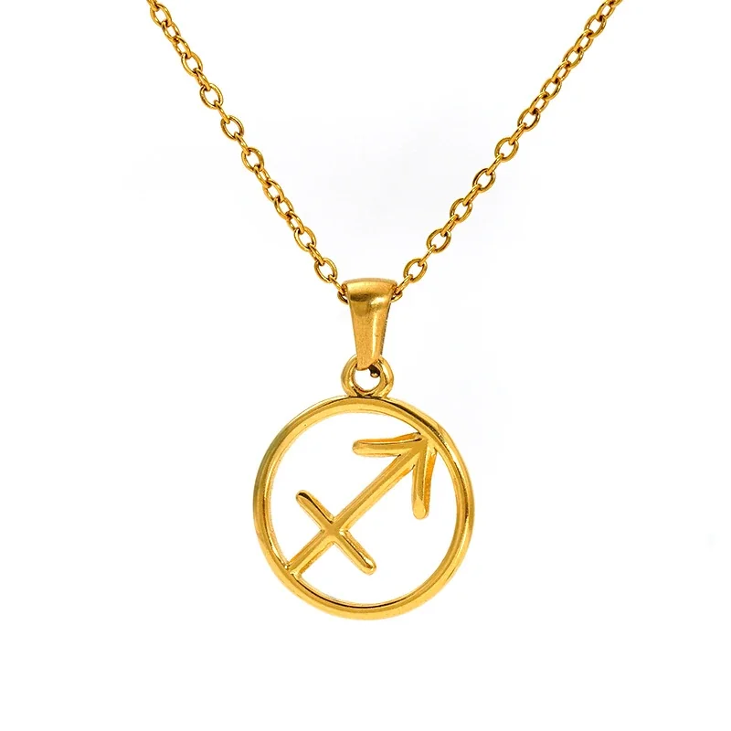Polished Gold-Plated Open Zodiac Disc Pendant Necklace - Sagittarius