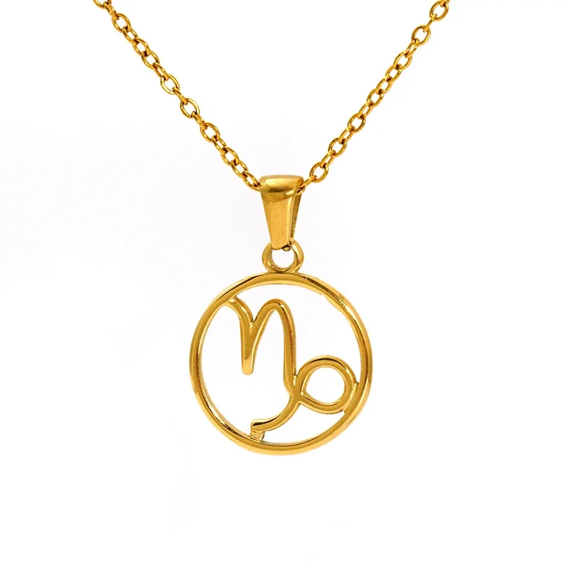 Polished Gold-Plated Open Zodiac Disc Pendant Necklace - Capricorn