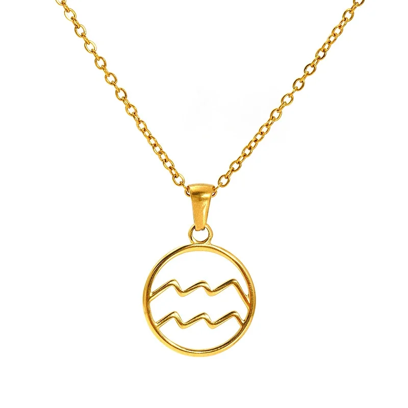Polished Gold-Plated Open Zodiac Disc Pendant Necklace - Aquarius