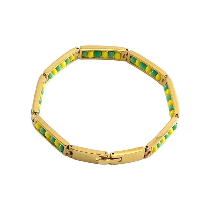 Vivid Gold-Plated Bar Link Beaded Stainless Steel Bracelet
