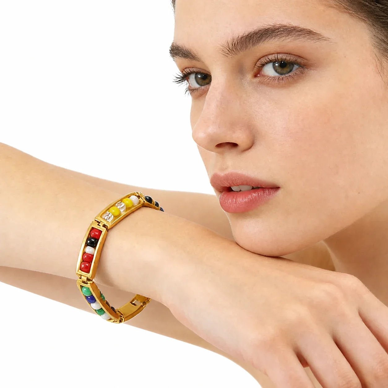 Vivid Gold-Plated Bar Link Beaded Stainless Steel Bracelet